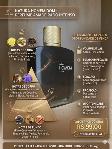 Perfume Natura Homem Dom Original (Aprox. 80% Cheio) - Oportunidade