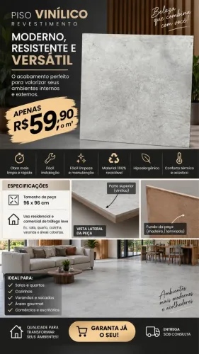 Piso Vinílico 96x96cm Moderno e Resistente - R$59,90/m²