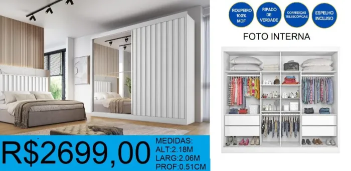 Roupeiro ripado 100% mdf c/ espelho incluso - frete gratuito!