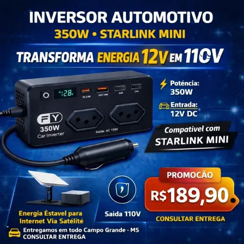 INVERSOR AUTOMOTIVO 350W 12V/110V CARREGA NOTEBOOK STARLINK MINI TABLE E OUTROS