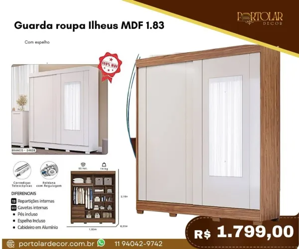 Guarda Roupa ilhéus MDF 1.83 - à pronta entrega 