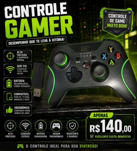 Controle Gamer Sem Fio para PC/Android com Receptor USB