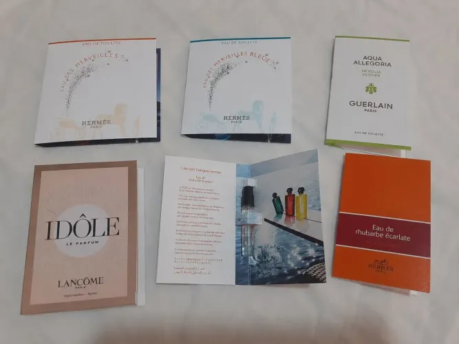 Amostras Hermes Merveilles, Rhubarbe, Guerlain Nerolia Vetiver, Lancôme Idôle 