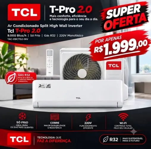 Ar Condicionado Split Inverter TCL T-Pro 2.0 9.000 BTUs Só Frio - Novo