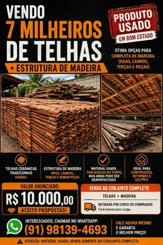 VENDO: 7 MILHEIROS DE TELHAS + ESTRUTURA COMPLETA DO TELHADO DE MADEIRA