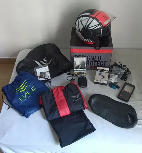 Kit para moto, motoboy, motociclista - Capacete, Capa de Chuva, Caixa de Som, Suporte etc.