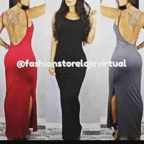 Vestido longo canelado com costas nuas e fenda. Preto, branco, vermelho, pink e amarelo.