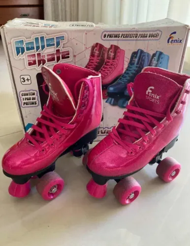 Patins Infantil Menina Rosa Glitter 4 rodas ajustável 