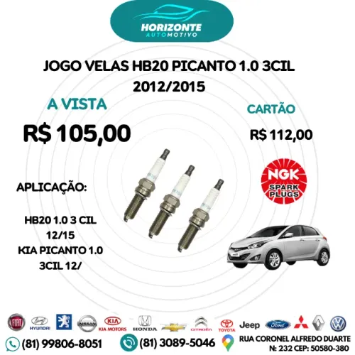 jogo vela ignição hb20 1.0 3 cilindros 2012/2016