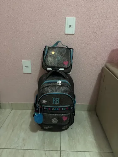 Mochila Escolar, lancheira e estojo Rebecca Bonbon Cinza com Glitter