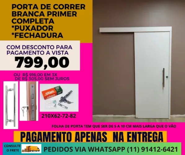 Porta Madeira de correr completa com batente 4cm- pagamento na entrega frete a/c