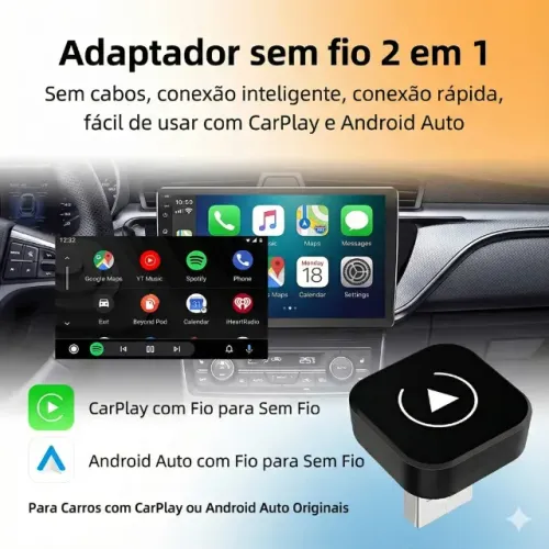 Adaptador Wireless 2 em 1: Android Auto e CarPlay - Diga Adeus aos Cabos! Pronta Entrega