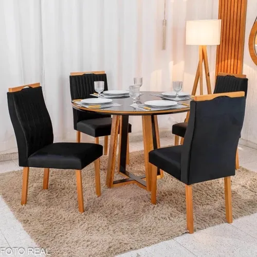 Mesa de Jantar Atlanta Redonda 120cm Vidro Preto/Base Madeira + 4 Cadeiras