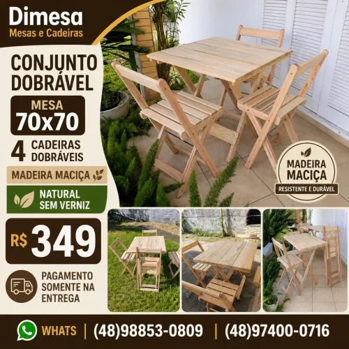 Conjunto madeira maciça sem verniz mesa 70x70 com 4 cadeiras dobráveis