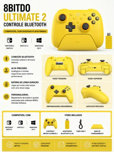 ? Controle Bluetooth 8BitDo Ultimate 2 - Amarelo (Lacrado)