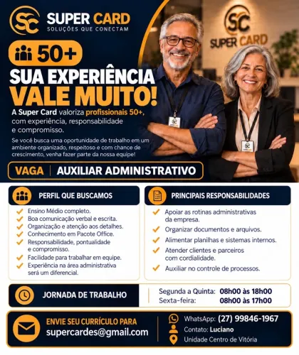 Auxiliar Administrativo - Centro de Vitória | Oportunidade 50+