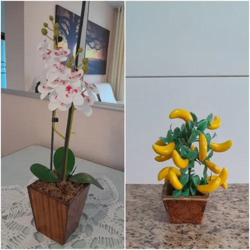 Orquídea + banana fake. Vaso de madeira 