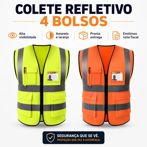Colete Refletivo Alta Visibilidade 4 Bolsos