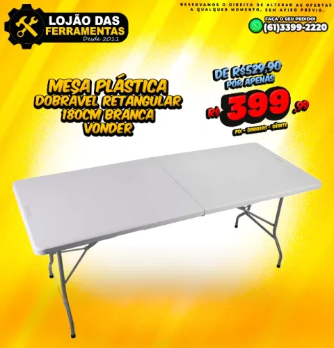 Mesa Plástica Dobrável Retangular 180cm Branca Vonder