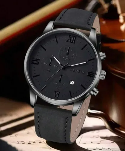 Relógio Masculino Premium Preto Quartzo Couro Veludo com Calendário Funcional