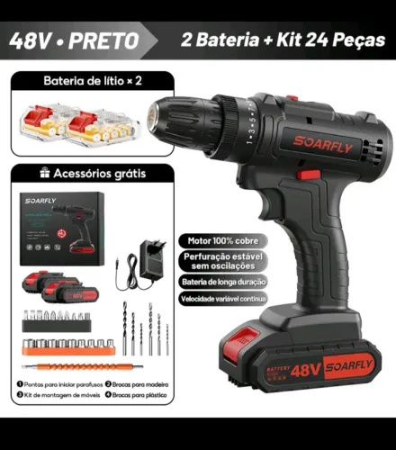 Parafusadeira Furadeira 48V 2 Baterias e Acessórios Completo