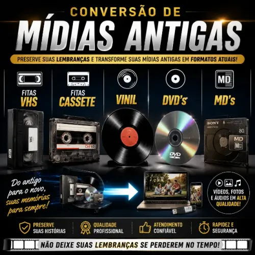 Conversão de fitas VHS, fitas Cassete, Vinil, Dvd´s e MD´s