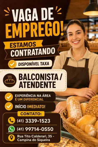 VAGA DE EMPREGO! Estamos Contratando, disponível taxa<br>? BALCONISTA / ATENDENTE