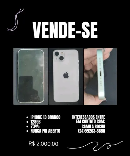 Vendo iPhone 13, branco estelar, usado, em bom estado. R$ 2.000,00