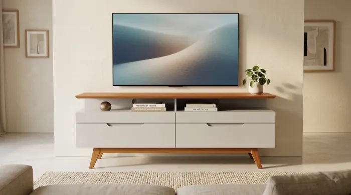 Rack TV até 65" Retrô Chic Off-White e Madeira - Estado de Novo! (Oportunidade de Mudança)