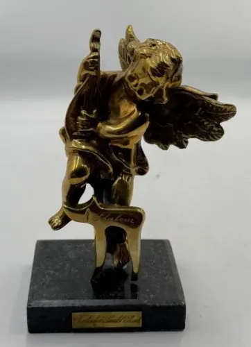 Escultura Bronze Base Granito Negro Anjo Saudação Shalom Temátima judaica*