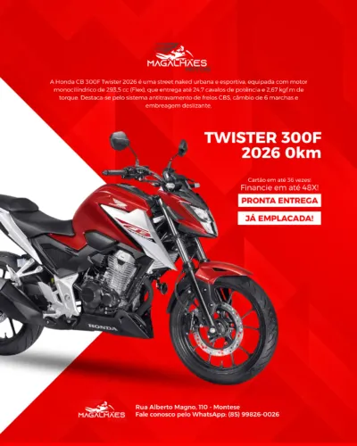 Twister 300F 2026 (0km, já emplacada) - Financiamento bancário e cartão