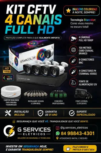 Kit 4 Câmeras de Segurança Full HD com instalação