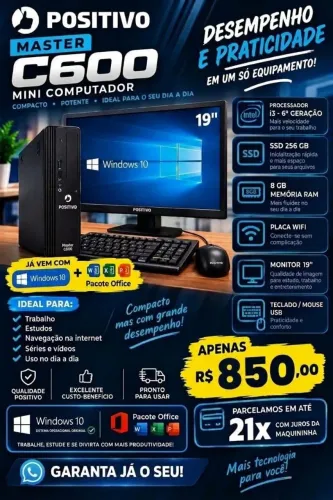Computador Completo Positivo Master C600 Mini + Monitor 19" + Wi-Fi + Teclado/Mouse