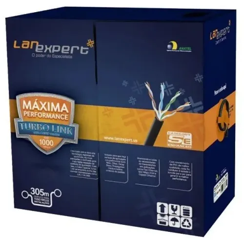  Caixa Cabo De Rede Cat5e LanExpert, Turbo Link, 305M, 100% Cobre, Preto, 4 Pares - WZetta