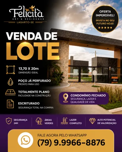 OPORTUNIDADE IMPERDÍVEL - LOTE NO CONDOMÍNIO FELICITÁ ART & RESIDENCE 