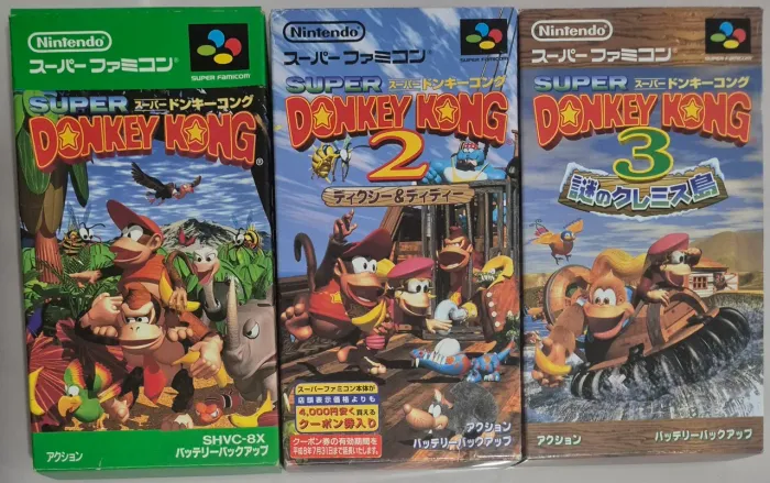 03 Jogos de Super Nintendo/Super Famicom - Coleção completa: Donkey Kong 1, 2 e 3 CIB