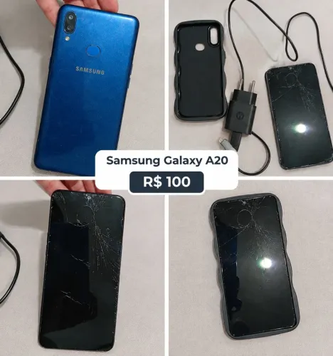 ? Samsung Galaxy A20 usado, 32GB, azul. Funcionando. ? R$100. Chame no privado!
