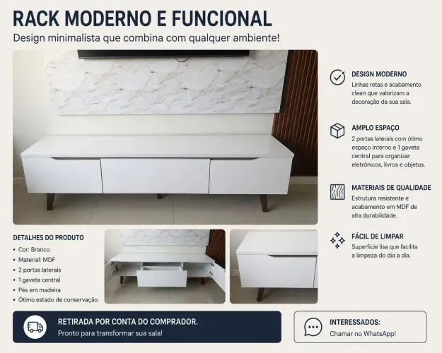 Rack branco moderno - 180 x 40 cm