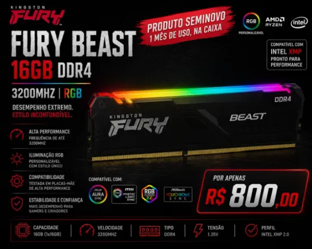 MEMÓRIA DDR4 KINGSTON FURYBEAST 16GB 3200mhz ARGB