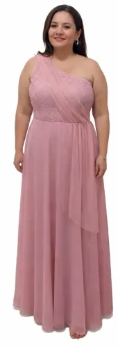 Vestido longo de Festa Madrinha Rosa um ombro só e renda com brilho