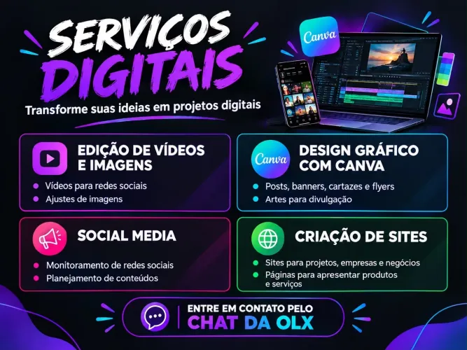 Editor de Vídeos, Designer Gráfico, Social Media e Sites