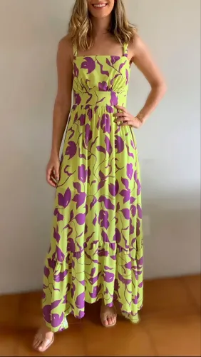 Vestido Longo Floral Verde Lima e Roxo - Tamanho P
