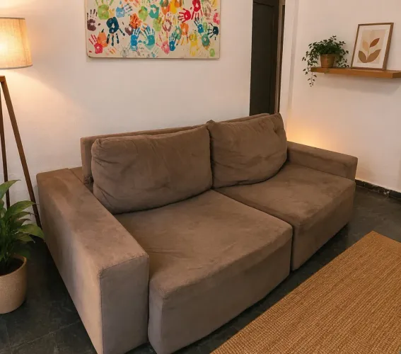Sofá Marrom Suede retrátil 4 lugares 