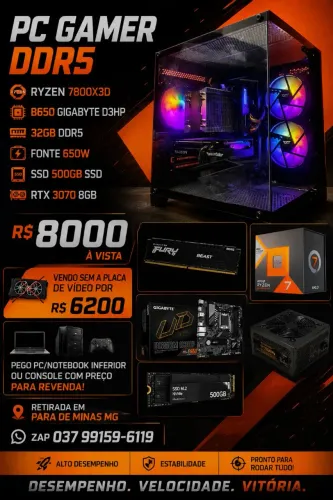 PC GAMER AM5 RUZEN 7800X3D 32GB DDR5 RTX3070 VENDO/TROCO