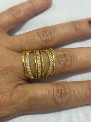 Anel Dourado 7 Fios Cravejado Zircônia - Semi Jóia Luxo Tamanho 19