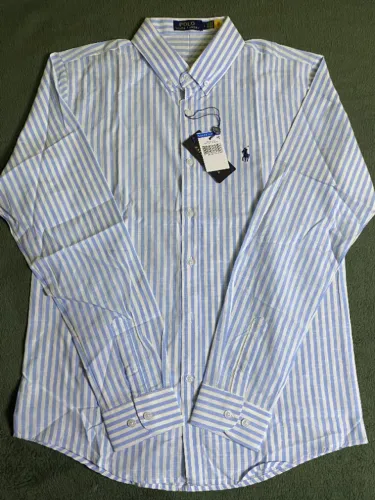Camisa Social Polo Ralph Lauren | Listrada Azul e Branco | Tamanho 39-40 [M] | 100-106 cm 