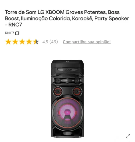 Torre de Som LG XBOOM Graves Potentes, Bass Boost, Iluminação Colorida - RNC7