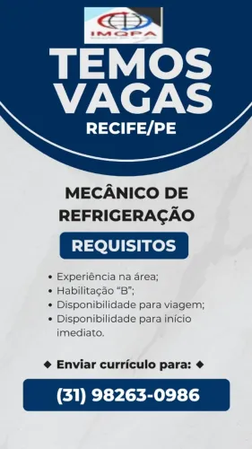 Vaga Mecânico de Refrigeração - Recife/PE - URGENTE