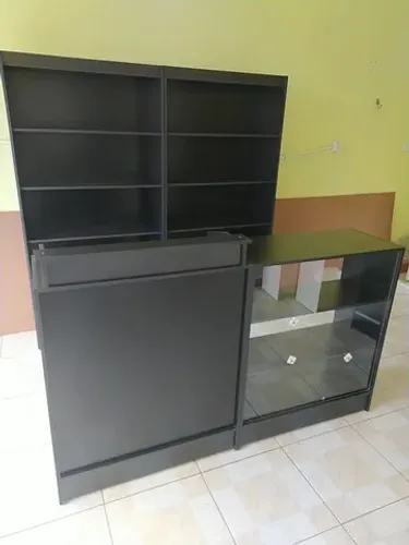Balcão caixa + vitrine + kit prateleira preto MDF