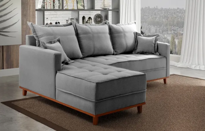 SOFA CHAISE LINHO CINZA MOLAS ENSACADAS r64